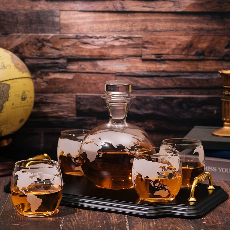 The Wine Savant Etched World Map Globe 5 Piece Whiskey Decanter